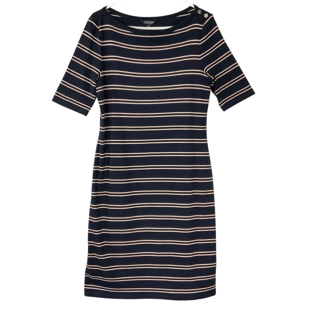 Lauren Ralph Lauren Navy Pink Striped Dress L Boat Neck Short Sleeve Button